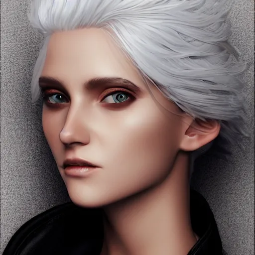 Prompt: highly detailed portrait of beautiful white haired girl, wearing a black jacket, very beautiful face, very detailed eyes, intricate, cgsociety, cinematic studio lighting