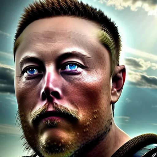 Image similar to elon musk as ragnar lothbrok in viking still from tv - series portrait tattooed face blue eyes close up looking in camera