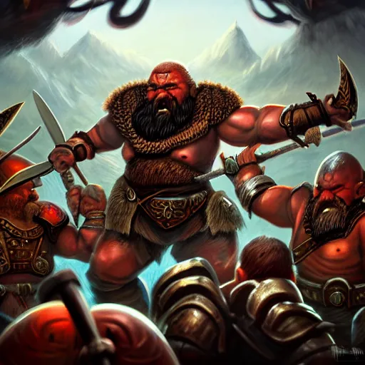 Image similar to painting of a single dwarven berserker facing a crew of crazy goblin warriors in deadly combat on a gladiator pit, sharp focus, high symmetry, award - winning, trending on artstation, masterpiece, highly detailed, intricate. art by mark tedin