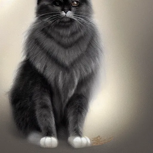 Image similar to a big bored dark gray cat with white belly, white paws and white face markings with long fur and fluffy tail sitting, intricate, elegant, highly detailed, digital painting, artstation, concept art, matte, sharp focus, illustration, art by Artgerm and Greg Rutkowski and Alphonse Mucha