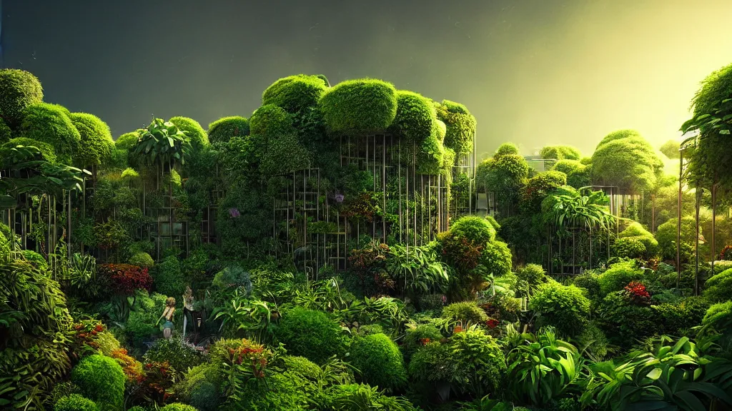 Image similar to babylon sky garden, rising series layered garden, shrubs and vines, dramatic lighting, epic composition, wide angle, wild breathing, jonas drow and beeple and studio ghibli style, in artstation hdr, wild breathing, c 4 d rendering