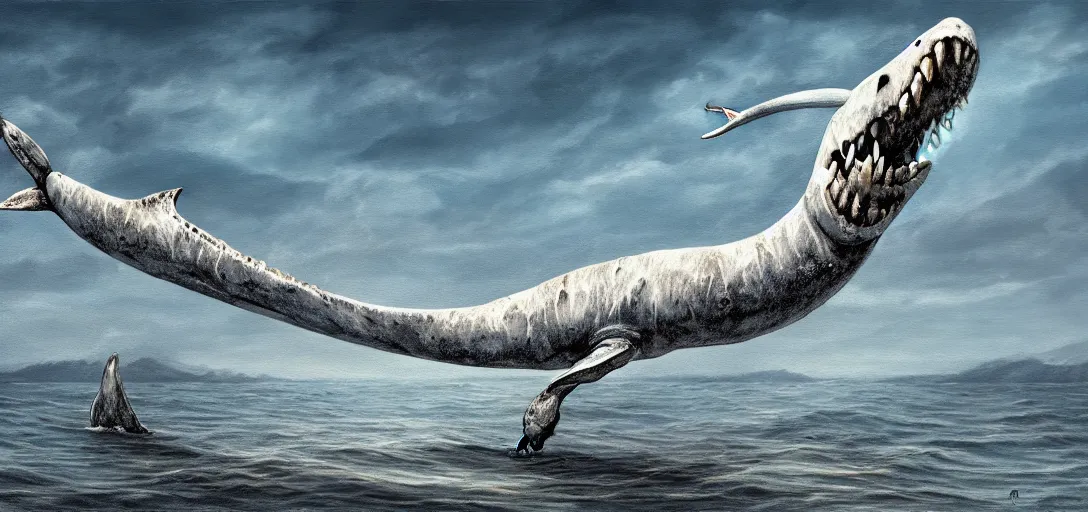 Prompt: a bleached bone skeleton of a narwhal that is leaping out of the ocean in the style of Keith Thompson and Christopher Bretz, highly detailed, digital painting, HDRI, vivid colors, high contrast, 8k resolution, intricate, photorealistic, smooth