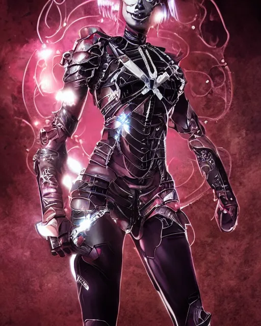 Image similar to Ruby Rose as a six armed super hero Rita Wayword, Spiral. A female super hero, wearing form fitting metal armor, has six different arms each holding a sword