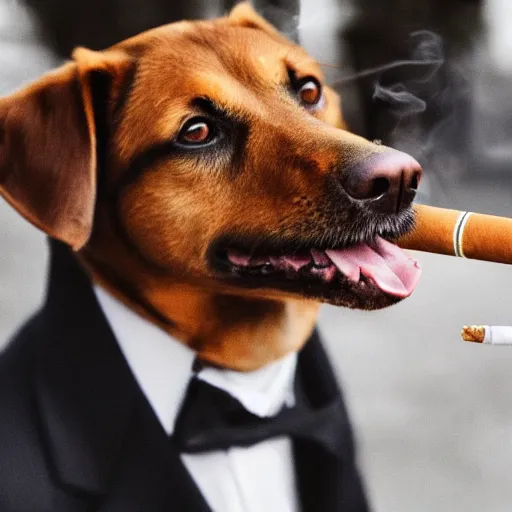 Image similar to a high detail closeup photograph of a dog wearing a suit 👔,and smoking a cigarrette🚬, award wining photograph