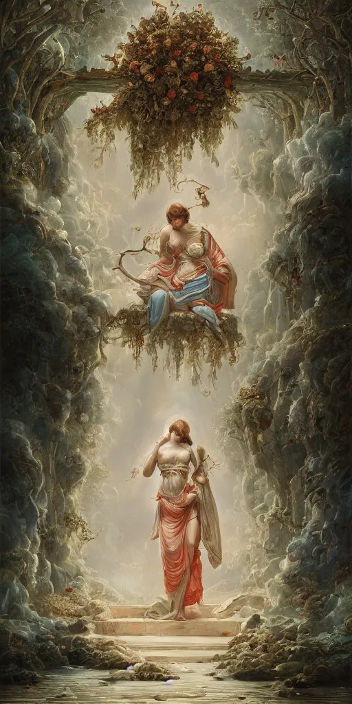 Image similar to a stunning and noble highly detailed romantic period style painting of the place where gods come into being by james jean, josep tapiro baro and harles sillem lidderdale, trending on artstation, oil painting masterpiece, symmetry, rule of thirds, mysterious