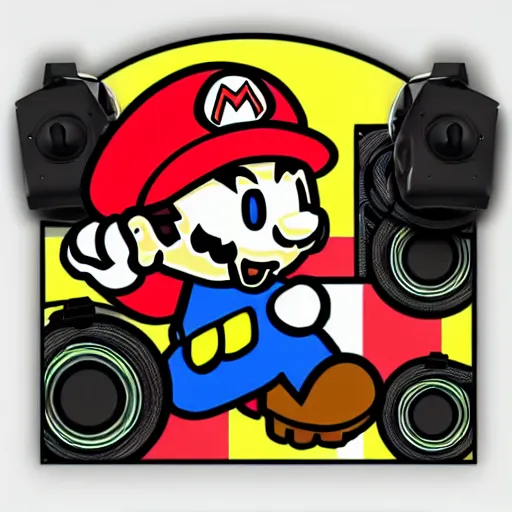 Image similar to svg sticker of a Pop-Wonder SuperMario, Mario-Wearing-a-red-hat, at a rave, spinning records, giant headphones rocking out, wearing headphones, huge speakers, dancing, rave, DJ, spinning records, digital art, amazing composition, rule-of-thirds, award-winning, trending on artstation, featured on deviantart