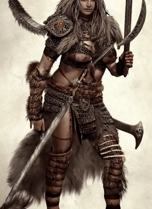 Image similar to viking barbarian very beautiful girl with intricate very detailed leather armor and wolf pelts, wolf heads, aggressive look, full body, photorealistic, soft lighting, dungeon and dragons, dnd, fantasy, extremely detailed