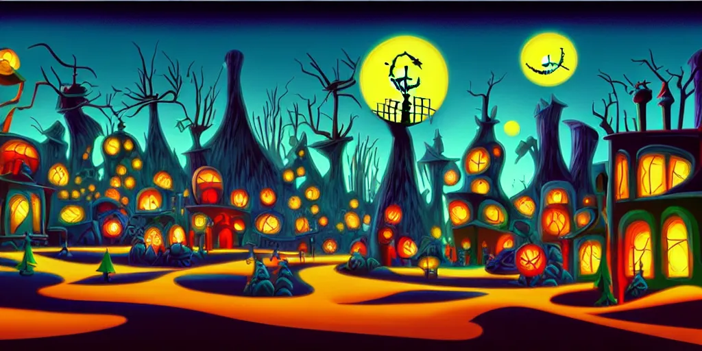 Prompt: a cartoon night landscape game background in art deco surrealism expressionism, artstation, nightmare before christmas