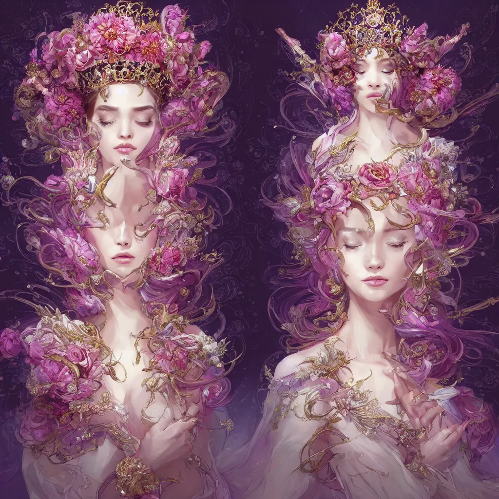 Image similar to A beautiful fantasy empress, highly detailed full body, breathtaking flower tiara, gorgeous aristocrat robe, beautiful figure, epic composition, ultra wide-shot, dynamic pose, concept art, beautifully lit, digital illustration, character design, ((sharp focus)), elegant, intricate, artstation, by WLOP and James Jean and Victo Ngai and Ryohei Hase