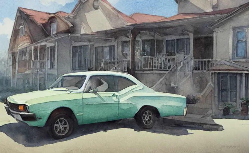 Image similar to a watercolor painting of a chevrolet opala parked near a 1 9 0 0 s house, digital painting, masterpiece, hyperrealistic, concept art, trending on deviantart, highly detailed, high quality, 4 k, symmetrical, low contrast, watercolor, warm, soft lighting, path traced, godrays, vintage, soft colors