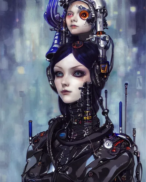 Prompt: portrait of cute beautiful young goth cyborg maiden, cyberpunk, Warhammer, highly detailed, artstation, illustration, art by Gustav Klimt and Range Murata