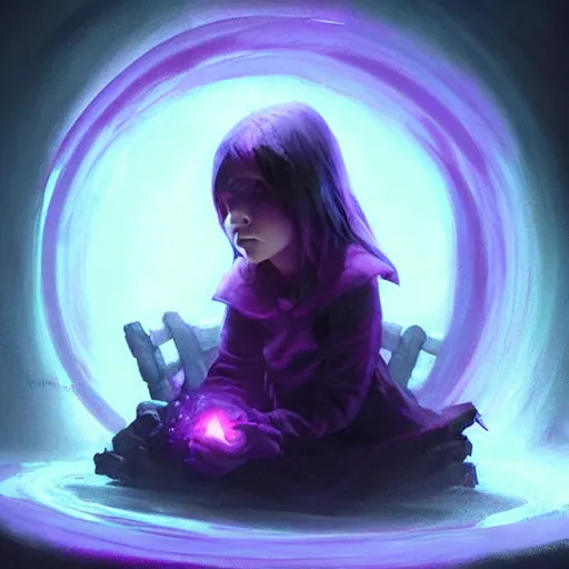 Prompt: young creepy girl sitting inside circle of dark !purple fire!, painted by raymond swanland, little nightmares, detailed,