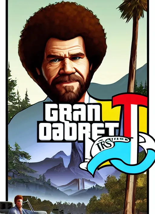Image similar to bob ross in gta v, cover art by stephen bliss, artstation