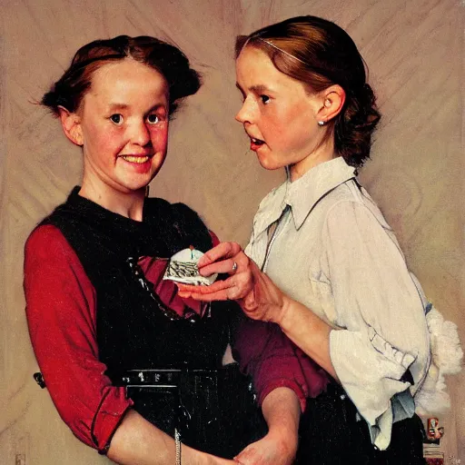 Image similar to high quality high detail painting by norman rockwell, hd, two beautiful young women are conjoined twins, photorealistic lighting