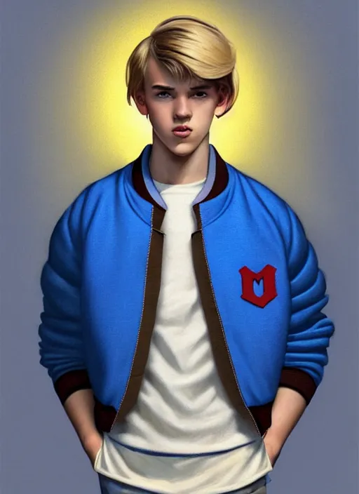 Image similar to portrait of a teenage boy named moose mason, blonde short hair, jock, beefy, square jaw, square facial structure, 1 9 5 0 s, blue varsity jacket, intricate, elegant, glowing lights, highly detailed, digital painting, artstation, concept art, smooth, sharp focus, illustration, art by wlop, mars ravelo and greg rutkowski