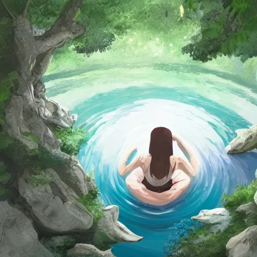 Prompt: a person with goat legs lounging next to a river with one finger in the water in the forest, digital painting, fantasy, studio ghibli environment, overhead canopy