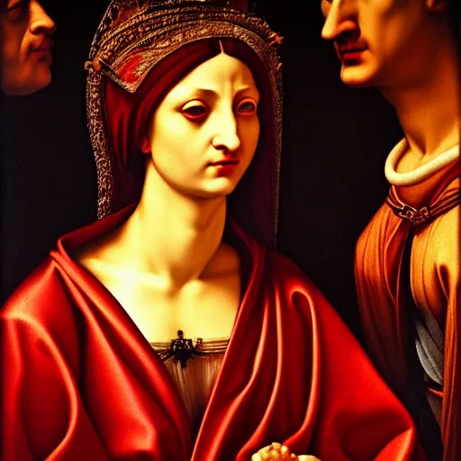 Image similar to close up portrait of the goddess of blood in silk robes of blood, cultists watching, red hoods, candle lights, renaissance, baroque, gothic, high detail, dark lighting, atmospheric, extremely detailed, intricate, da vinci, michelangelo, caravaggio, 8 k