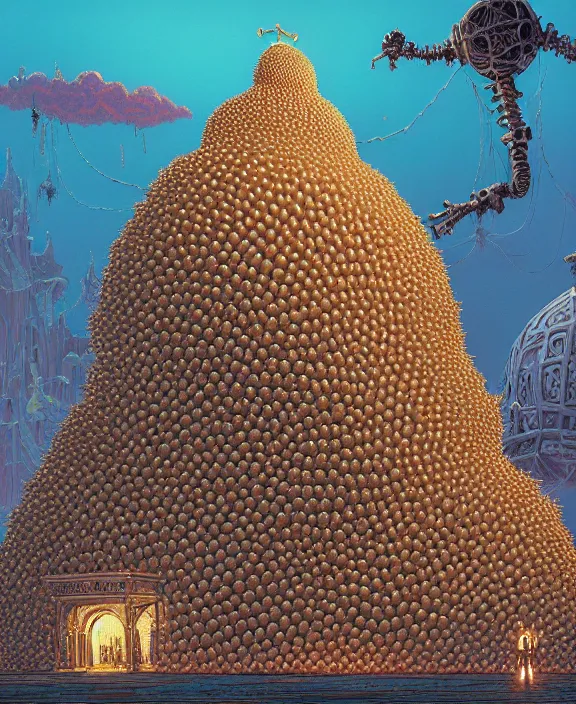 Prompt: inflated cathedral made from obese urchin mollusks, in the style of a puffy spaceship, skeletons, bones, partly cloudy, spooky, dramatic lighting, by geof darrow, bill sienkiewicz, dan mumford, yusuke murata, makoto shinkai, ross tran, cinematic, unreal engine, cel shaded, featured on artstation, pixiv