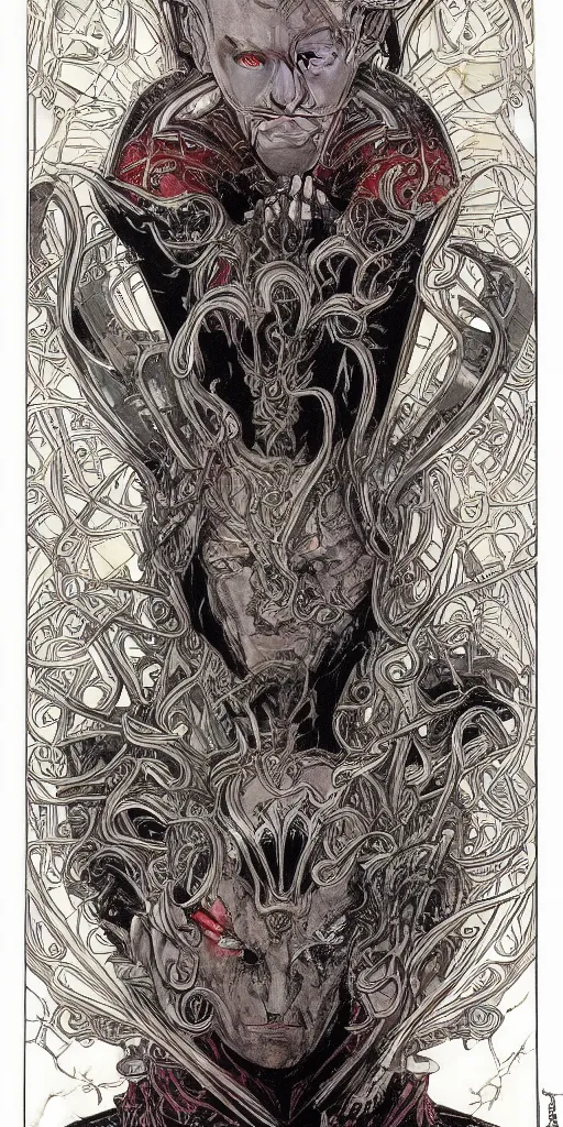 Image similar to a stunning and hypnotic full color art nouveau styled bust portrait of elric as a godlike and stoic chaos king with violent malevolent eyes and intricately detailed black armor by travis charest and michael kaluta, 8k, hyperdetailed