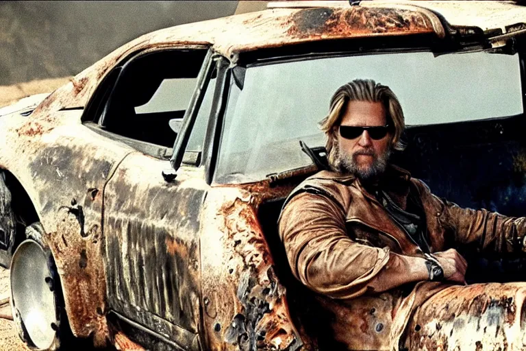 Image similar to Jeff Bridges sitting in the driver's seat in Mad Max Road Warrior, rusted, cobbled together Nissan R34 GTR, interior, screenshot, cinematic Eastman 5384 film