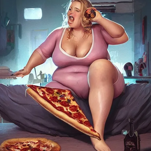 Image similar to a very fat margot robbie sitting in a messy room and burping because she ate too much pizza and junk food, green gas coming from her mouth, fantasy art, illustration, amazing detail, in the style of greg rutkowski, artgerm, cgsociety