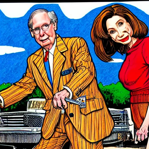 Image similar to The Artwork of R. Crumb and his Cheap Suit Mitch McConnell and Nancy Pelosi, pencil and colored marker artwork, trailer-trash lifestyle