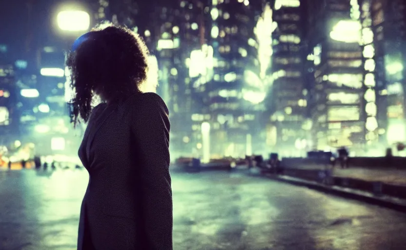 Prompt: a wide shot of a woman with a wool suit, blurred face, wearing an omega speedmaster on her wrist in a dystopian city at night with cyberpunk lights