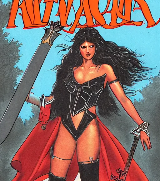 Image similar to 1 9 8 0 s fantasy novel book cover, amazonian taylor swift in extremely tight bikini armor wielding a cartoonishly large sword, exaggerated body features, dark and smoky background, low quality print