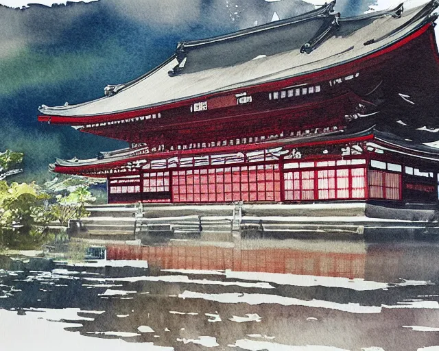 Image similar to a beautiful painting of a building in a serene landscape, japanese watercolor,