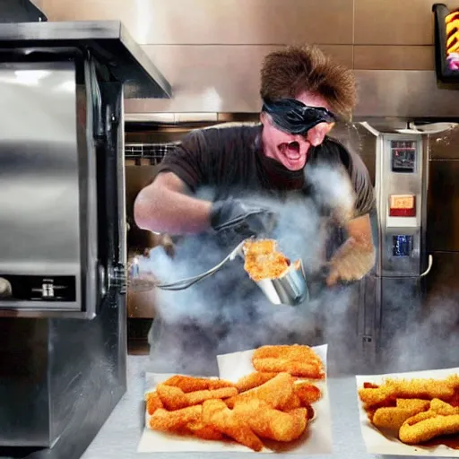 Image similar to The Terminator using a deep fryer in a fast food restaurant