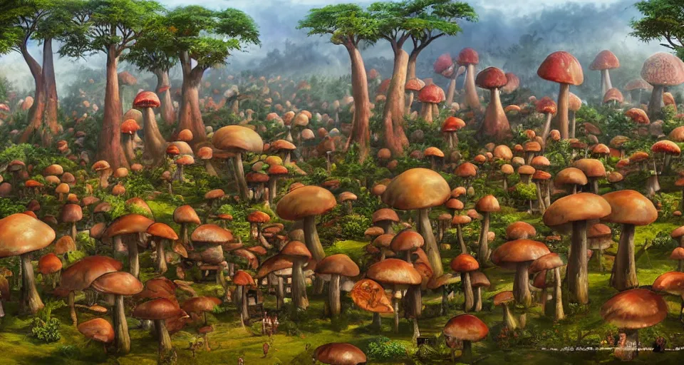 Image similar to A tribal village in a forest of giant mushrooms, by ARTGERM