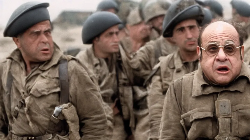 Image similar to A still of Danny Devito in Saving Private Ryan, 8k