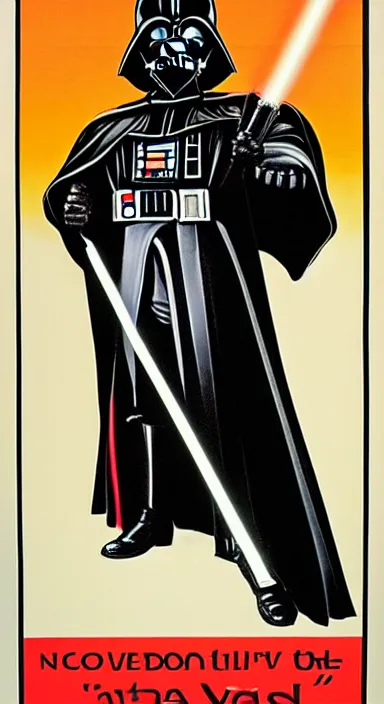 Image similar to a propaganda poster depicting a realistic looking cat dressed as darth vader