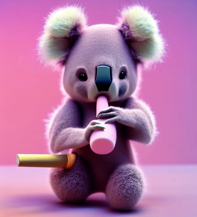 Image similar to high quality 3 d render hyperrealistic very cute small pink koala smoking weed joint, smoke rising from the joint, plush mascot, short spiky dense fluffy smooth hair, photo from the side, pink fluffy fur, 1 5 0 mm, beautiful natural soft light, rim light, vray, smooth background, artstation, ultra detailed