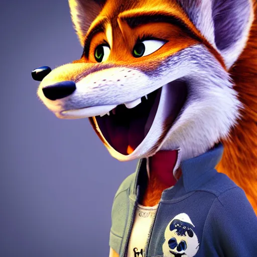 Image similar to portrait, 3d render , anthropomorphic wolf female, wearing a torn knee langth jacket , in the style of Zootopia