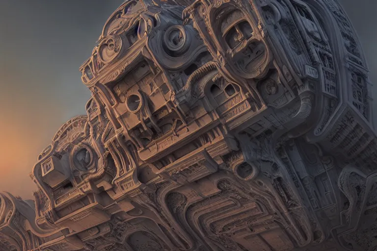 Image similar to sci - fi concrete baroque rococo architecture in hell, zaha hadid, beksinski, oil painting, photoreal, highly detailed, 8 k, hd, vray, artstation, cinematic matte painting, extreme detail photo quality, sunset, featured on behance