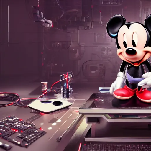 Prompt: a cybertronic mickey mouse being dissected by a group of network executives, on an operating table, octane render, beeple, cgstation, 3 d render, very detailed, mindblowing, blood and guts, gritty, cyberpunk