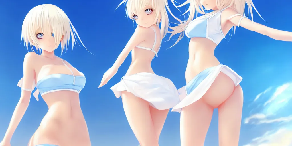 Image similar to tiny father a tall daughter picture : a very beautiful young blond anime girl, sky blue eyes, bikini, white miniskirt, highly detailed, cinematic wallpaper by stanley artgerm lau