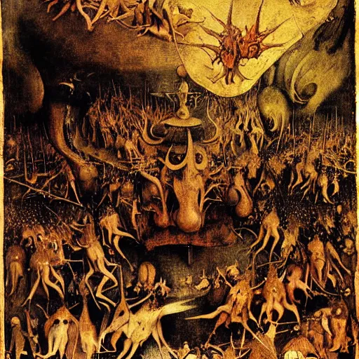 Image similar to vision of hell with winged demons flying over the flames art by : hieronymus bosch, albrecht durer hans memling leonardo da vinci francisco goya pieter bruegel the elder jan van eyck