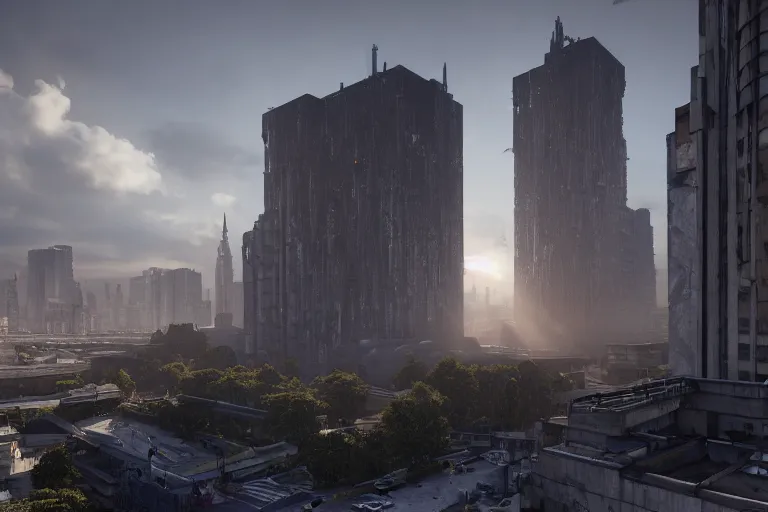 Image similar to streetscape, a towering cathedral of brutalist architecture, buildings covered with greebles, stunning volumetric light, sunset, metal, concrete and translucent material, stunning skies, majestic landscape, trending on Artstation, 8k, photorealistic, hyper detailed, unreal engine 5, IMAX quality, cinematic, epic lighting, in the style of Greg Rutkowski