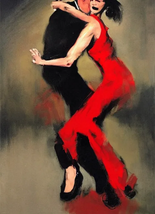 Image similar to tango dancerin in red and black dress, painting by phil hale, fransico goya,'action lines '!!!, graphic style, visible brushstrokes, motion blur, blurry, sensual, visible paint texture, crisp hd image