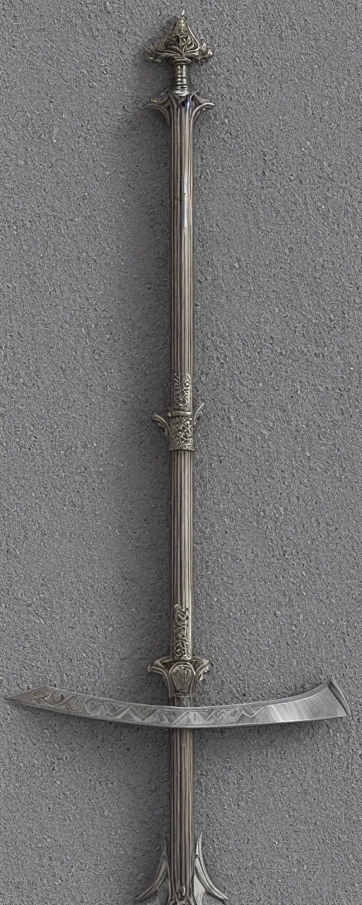 Image similar to sword of justice hanging on a wall, ornate gem in pommel, engraved blade, serrated point, herringbone floor, low angle, museum display, steve argyle