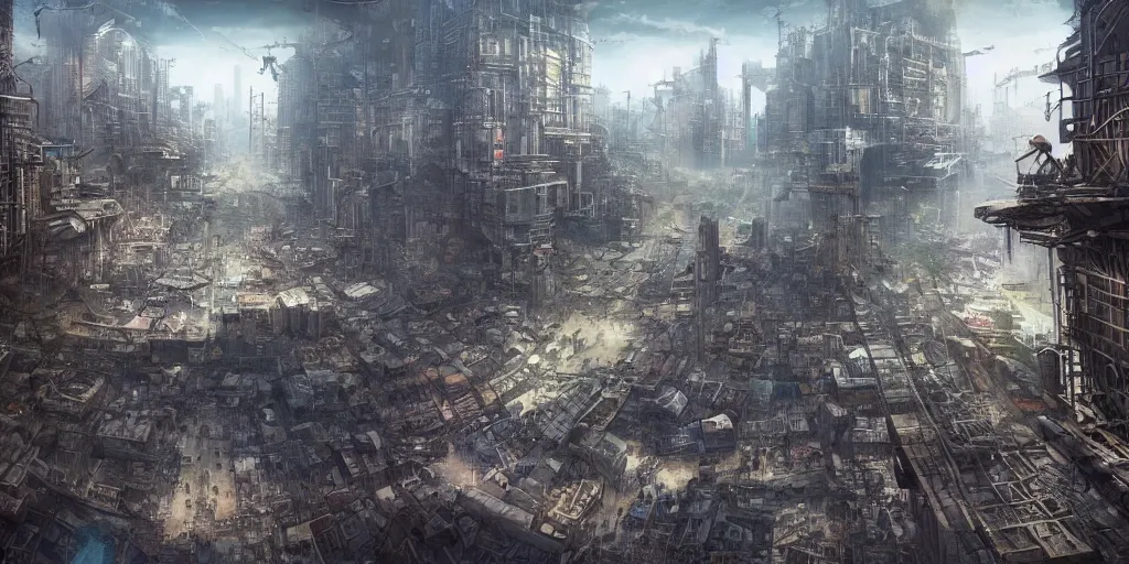Prompt: slums below a megastructure city, megacity, sci-fi, matte painting, concept art, style by dylan cole