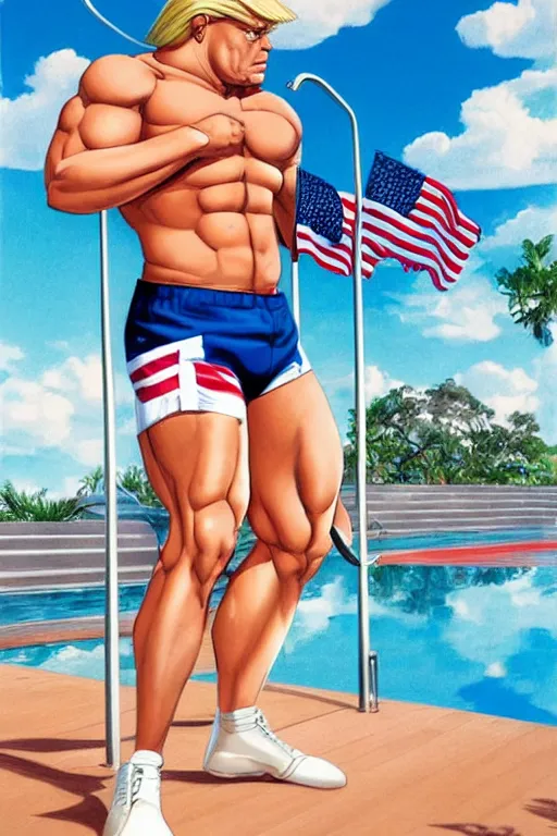 Prompt: a handsome man with blonde hair who is also a male android, ken, donald trump, muscular, wearing a cut-off white tank top and short american flag shorts, stands by a swimming pool, facing forward, in the style of artgerm and moebius and annie liebovitz, photorealistic, highly detailed