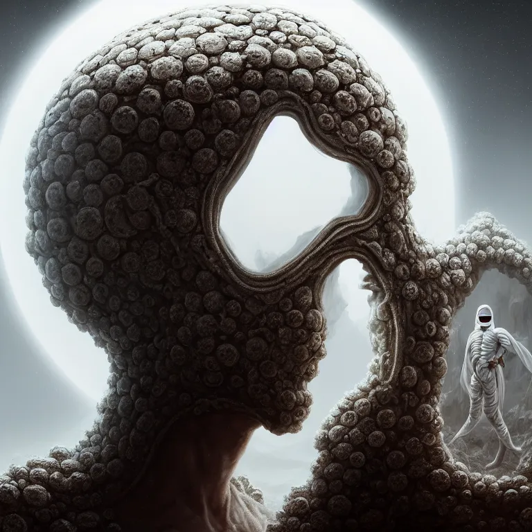 Image similar to portrait of white faceless man wearing white ribbed white scorpio as mask, wastelands on white exoplanet, baroque portrait painting, beautiful intricate insanely detailed octane render, artstation, 8 k artistic harsh flash photography, photorealistic, volumetric perfect light, chiaroscuro, raphael, caravaggio, beksinski, rutkowski, giger