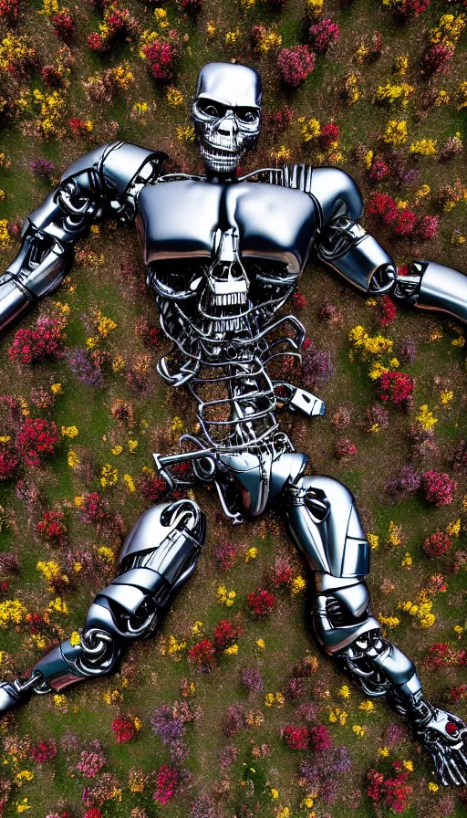 Image similar to destroyed terminator lying in a field of flowers, twisted metal, chrome, reflections, anthropomorphic, photorealism, smoke, metal, 8 k, surreal, wires, smooth, sharp focus, top view, extremely detailed, hyperrealism, elegant, establishing shot, by jeff koons, artgerm and greg rutkowski