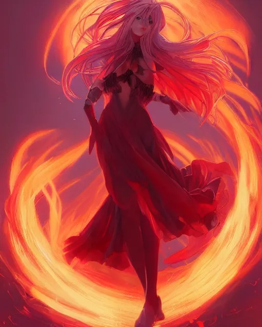 Prompt: red eyed beautiful long haired anime girl, red dress, full body photo, flames everywhere, highly detailed, digital painting, artstation, concept art, smooth, sharp focus, illustration, art by artgerm and greg rutkowski and alphonse mucha