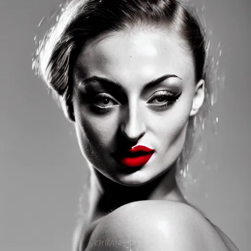 Prompt: photography detailed face sophie turner as jessica rabbit in her red dress, femme fetal, darkroom, dramatic high contrast lighting like sin city, ultra - realistic, intricate detail, 8 k