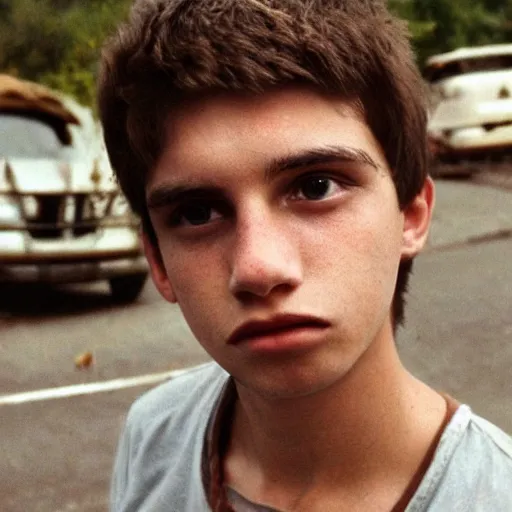 Prompt: a teenage boy, around 1 9 years old with necklace, natural brown hair, loincloth, pale skin. as homeless. detailed face. ominous and eerie looking street in background. natural color. hyperrealistic photo.