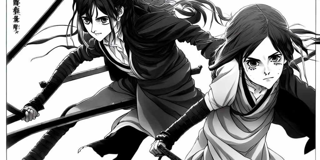 Image similar to a very detailed manga of emma watson in demon slayer manga panel, action lines, greg rutkowski, high resolution, dynamic pose, landscape, medium portrait, samurai outfit, action, hyper realistic, manga, koyoharu gotouge, sakuga